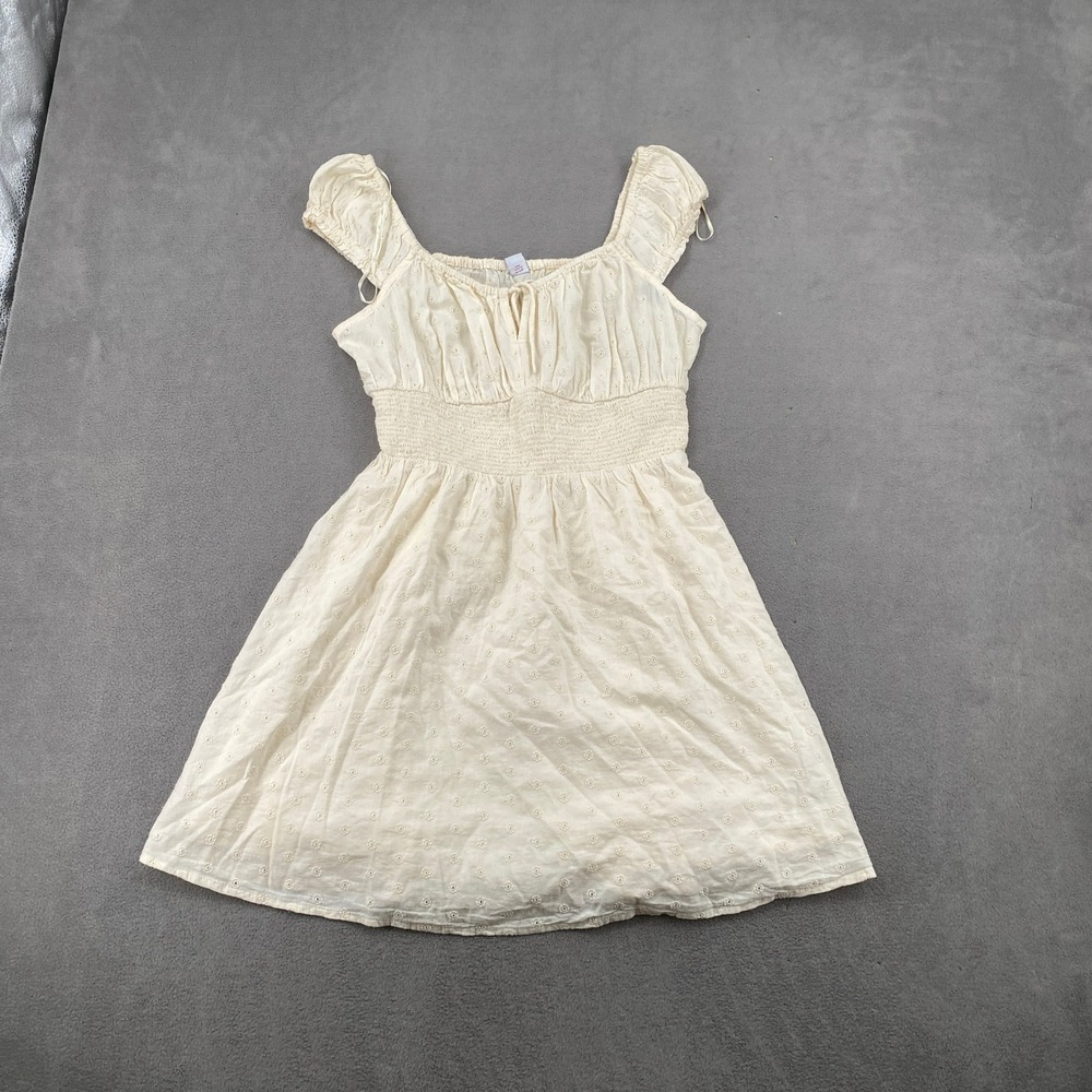 Old Navy Cream Eyelet Smocked Mini Dress Womens Small Square Neck Flutter Sleeve